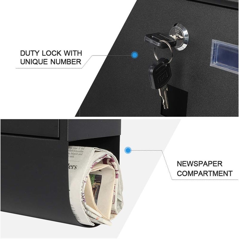 Parrency Locking Mailbox Wall Mount, Black Mailboxes with Secure Key Lock and Newspaper Compartment, Key Lock Drop Box Large Capacity with Galvanized Cover and Rust-Proof Metal Mailbox,11.8 x 13.2 x 3.5 Inch - Image 5